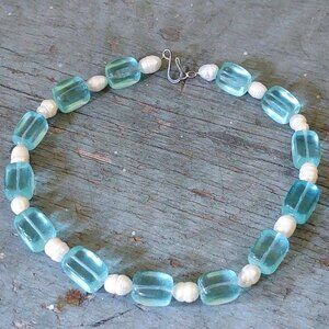Y2K Freshwater Pearls Aquamarine Quartz Necklace New Handmade